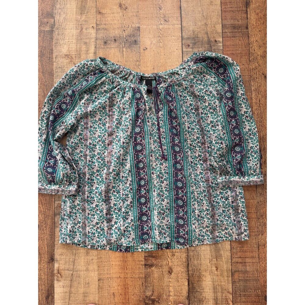 Lucky Brand Peasant Top Blue Purple Metallic Medium Tie at Neckline Boho - Picture 6 of 6